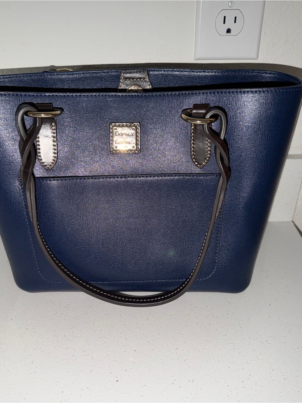 Dooney & Bourke Navy Blue Saffiano Tote with Brown Handles
